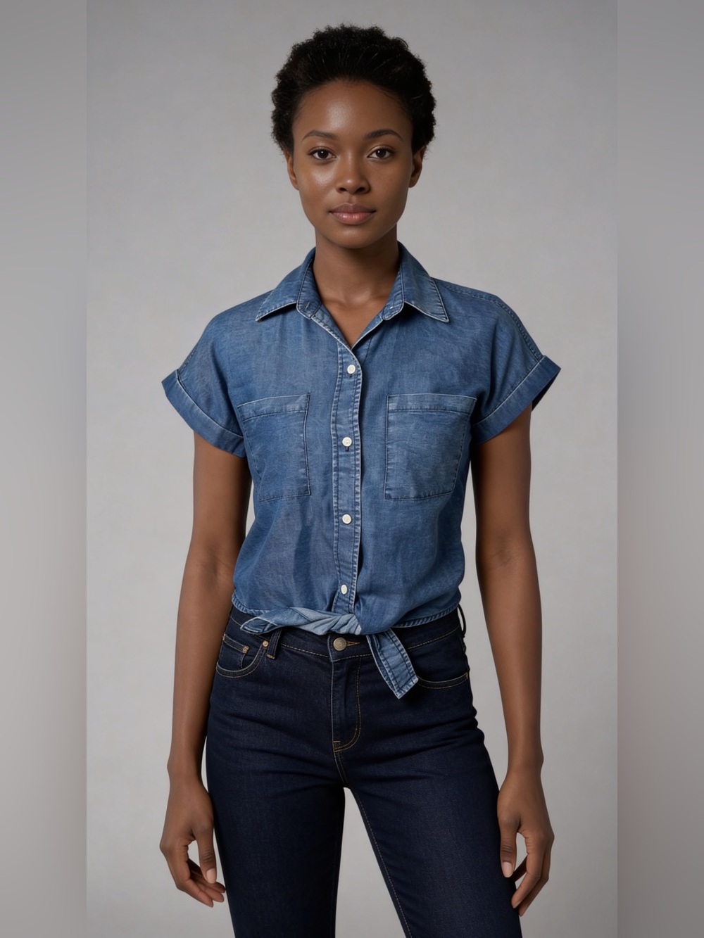 Sim & Sam Button-Front Denim Tie-Front Shirt